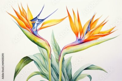 Papier peint  Watercolor painting of vibrant Strelitzia flowers, Bird of Paradise, adorning a white background. Generative AI