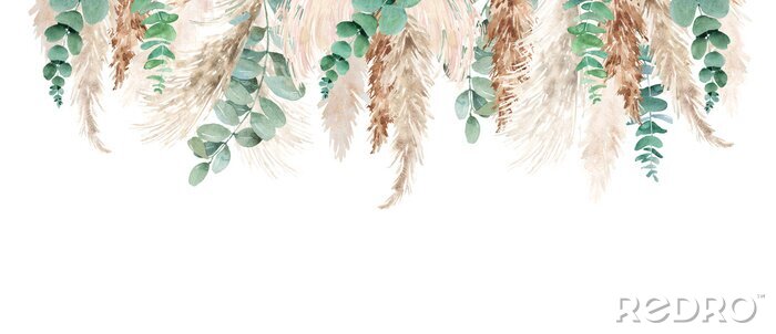 Papier peint  Watercolor pampas grass and eucalyptus  set. Hand painted boho floral neutral colors, sage green border, frame. Botanical elements isolated on white. Bohemian style wedding invitation, greeting, card