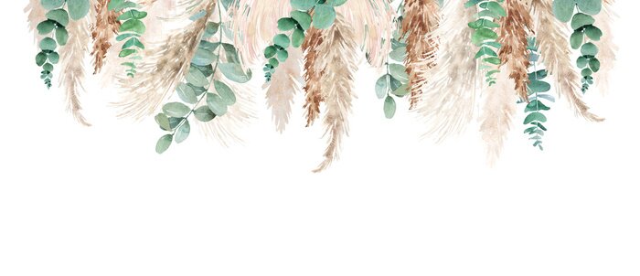 Papier peint  Watercolor pampas grass and eucalyptus  set. Hand painted boho floral neutral colors, sage green border, frame. Botanical elements isolated on white. Bohemian style wedding invitation, greeting, card