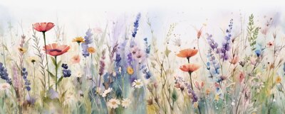 Papier peint  Watercolor pattern of a landscape of blossoms, flower, branches and butterflies with a sky background