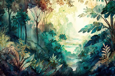Papier peint  Watercolor pattern wallpaper, digital painting of the Amazon forest landscape, generative AI