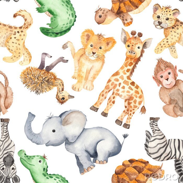 Papier peint  Watercolor pattern with cute cartoon animals of Africa. Texture for wallpaper, packaging, scrapbooking, textiles, fabrics, children's clothing and design.
