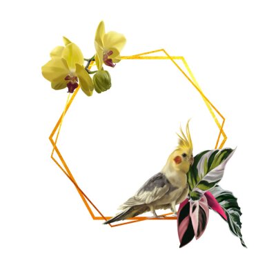 Papier peint  watercolor realistic frame. Tropical frame with corella parrot, orchids and strelitzia.