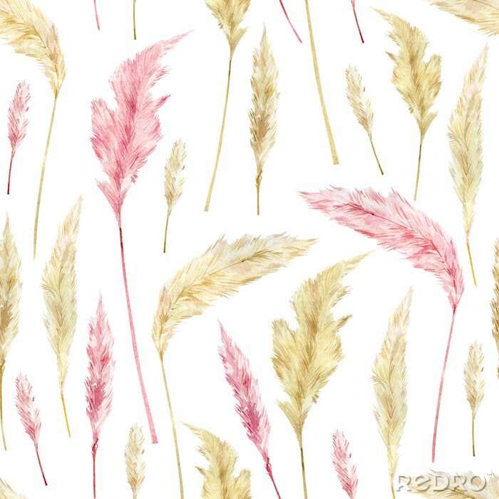 Papier peint  Watercolor retro botanical pattern with dried flowers and pampas grass. Boho wild floral for wallpaper and textile fabric.