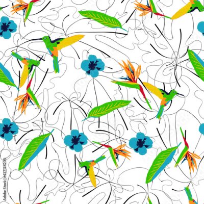 Papier peint  watercolor seamless floral tropical pattern with strelitzia reginae bird of paradise humming bird palm leaves vector hand drawn style print textile composition fashion runway color pallet woman look