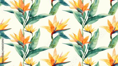 Papier peint  Watercolor seamless pattern featuring strelitzia reginae and birds of paradise vibrant tropical floral print ideal for swimwear design