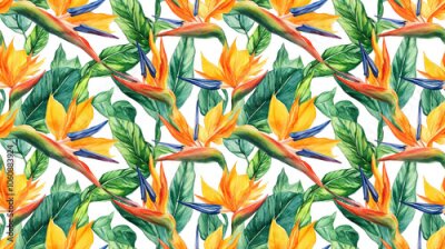 Papier peint  Watercolor seamless pattern featuring strelitzia reginae and birds of paradise vibrant tropical floral print perfect for summer swimwear