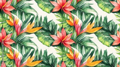 Papier peint  Watercolor seamless pattern featuring vibrant strelitzia and lush jungle palm leaves perfect for tropical fashion designs summer motifs floral prints