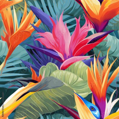 Papier peint  Watercolor seamless pattern leaves and Bird of paradise or Strelitzia Reginae, Watercolor illustration. strelizia flowers , Illustration of modern exotic jungle plants