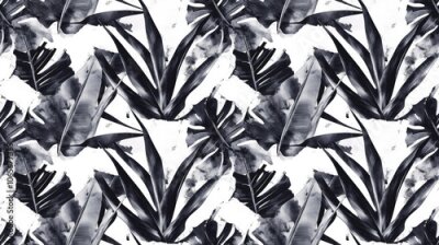 Papier peint  Watercolor seamless pattern of black and white strelitzia flowers and tropical jungle leaves with mottled overlapping spots and torn edges