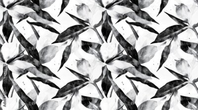 Papier peint  Watercolor seamless pattern of black and white strelitzia flowers and tropical jungle leaves with mottled overlapping spots and torn edges