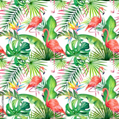 Papier peint  Watercolor seamless pattern of tropical leaves, palm branches, strelitzia flowers and pink flamingos. The illustration is made by hand. Bright summer background. A template for printing.