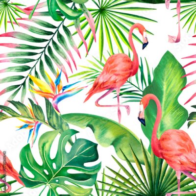 Papier peint  Watercolor seamless pattern of tropical leaves, palm branches, strelitzia flowers and pink flamingos. The illustration is made by hand. Bright summer background. A template for printing.