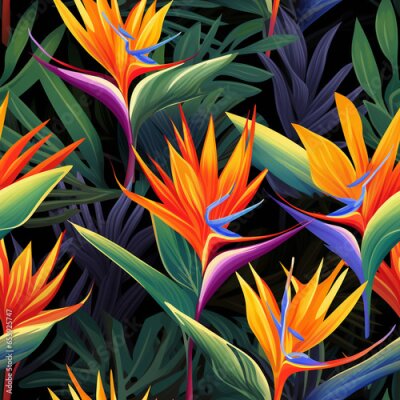 Papier peint  Watercolor seamless pattern palm leaves and Bird of paradise or Strelitzia Reginae, Watercolor illustration. strelizia flowers , Illustration of modern exotic jungle plants