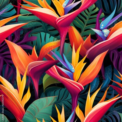 Papier peint  Watercolor seamless pattern palm leaves and Bird of paradise or Strelitzia Reginae, Watercolor illustration. strelizia flowers , Illustration of modern exotic jungle plants