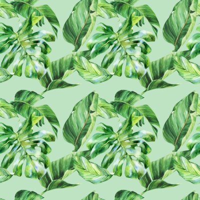 Papier peint  Watercolor seamless pattern, tropical leaves, watercolor painting, botanical illustration, floral design, banana palms, strelitzia, monstera. Fabric wallpaper print texture.