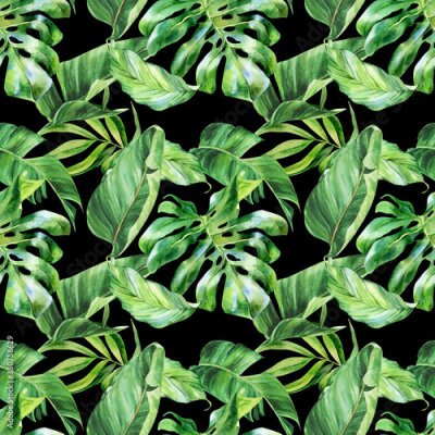 Papier peint  Watercolor seamless pattern, tropical leaves, watercolor painting, botanical illustration, floral design, banana palms, strelitzia, monstera. Fabric wallpaper print texture.