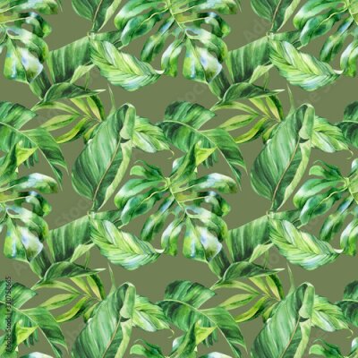 Papier peint  Watercolor seamless pattern, tropical leaves, watercolor painting, botanical illustration, floral design, banana palms, strelitzia, monstera. Fabric wallpaper print texture.