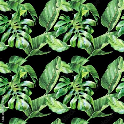 Papier peint  Watercolor seamless pattern, tropical leaves, watercolor painting, botanical illustration, floral design, banana palms, strelitzia, monstera. Fabric wallpaper print texture.
