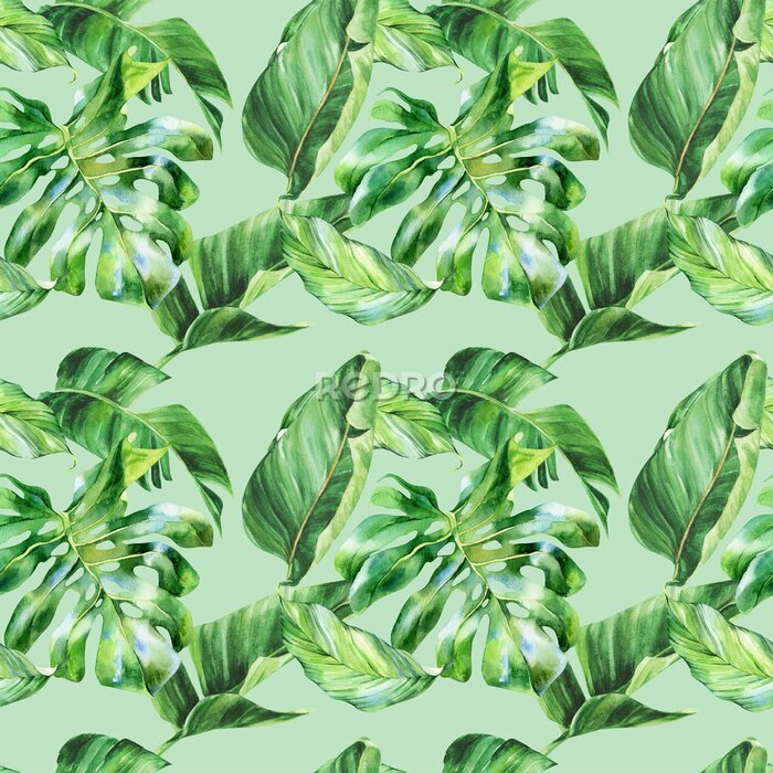 Papier peint  Watercolor seamless pattern, tropical leaves, watercolor painting, botanical illustration, floral design, banana palms, strelitzia, monstera. Fabric wallpaper print texture.