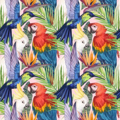 Papier peint  Watercolor seamless pattern with birds in the tropics. Cockatoo parrot, Macaw, hummingbird in tropical jungle with strelitzia flower. Print for design and decoration