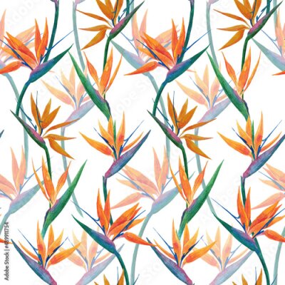 Papier peint  Watercolor seamless pattern with flowers of strelitzia. Bird of paradise. Bright illustration of tropical plant perfect for fabric and textile, wallpaper, wrapping paper, cover, package.