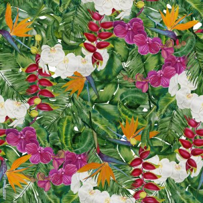 Papier peint  Watercolor seamless pattern with jungle palm leaves, orchids, strelitzia and heliconia. Hand painted exotic flowers and leaves. Floral tropical illustration for design, fabric, wallpaper, wrapping 