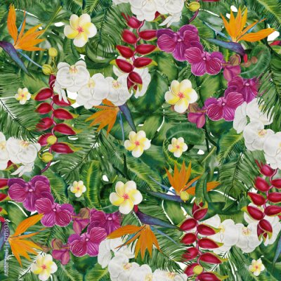 Papier peint  Watercolor seamless pattern with jungle palm leaves, orchids, strelitzia, heliconia, frangipani. Hand painted exotic flowers and leaves. Tropical illustration for design, fabric, wallpaper, wrapping