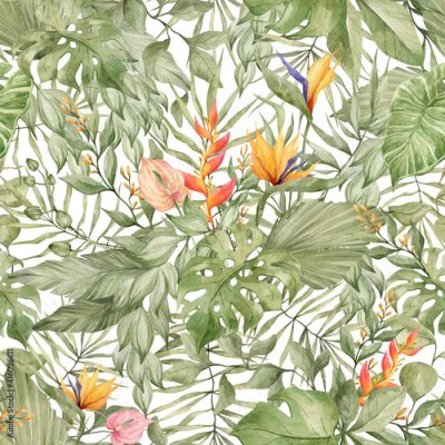 Papier peint  Watercolor seamless pattern with tropical bouquet with flowers and palm leaves. Strelitzia, monstera, calla lilies, foliage. Jungle wild flora