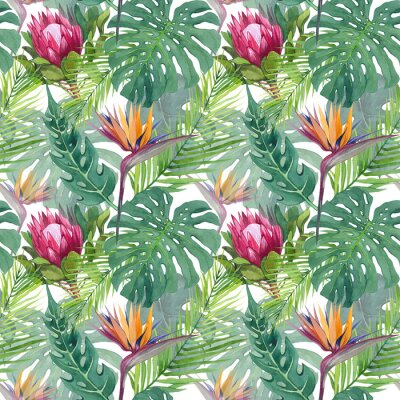 Papier peint  Watercolor seamless pattern with tropical leaves and protea and strelitzia flower. Hand drawn print for textile design, wrapping paper, stationery. Tropical theme, exotic and jungle.