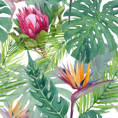 Papier peint  Watercolor seamless pattern with tropical plants and flowers. Print with monstera, palm, strelitzia and protea. Exotic tropical plants. Textile design, background, wallpaper, stationery.
