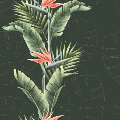 Papier peint  Watercolor seamless tropical pattern with palm leaves and strelitzia isolated.