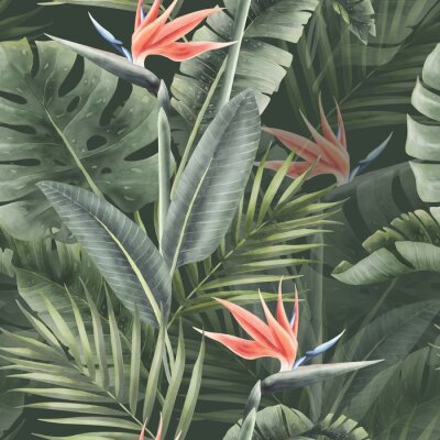 Papier peint  Watercolor seamless tropical pattern with strelitzia and  palm leaves and monstera isolated.