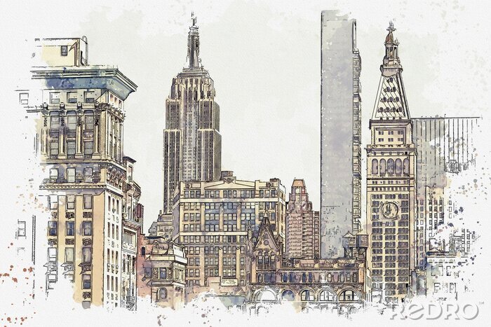 Papier peint  Watercolor sketch or illustration of a beautiful view of the New York City with urban skyscrapers