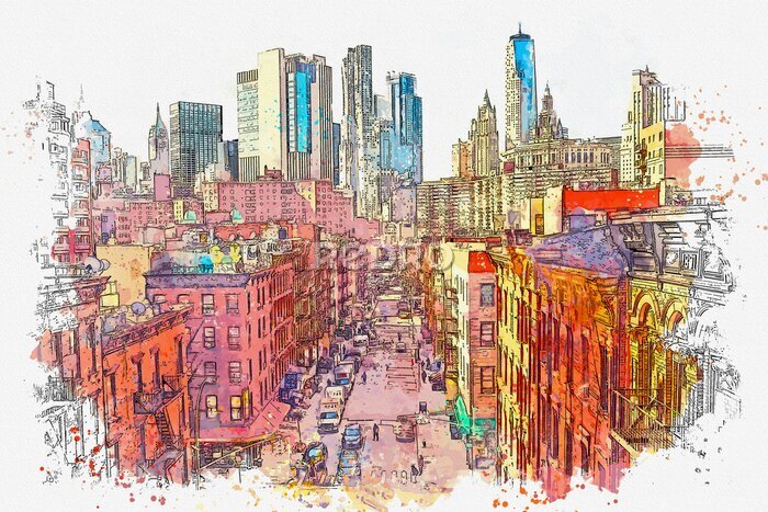 Papier peint  Watercolor sketch or illustration of a beautiful view of the street in Chinatown in New York in the USA. Everyday city life