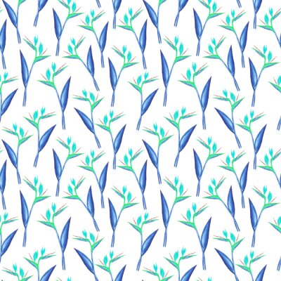 Papier peint  Watercolor strelitzia seamless pattern. Blue and green strelitzia isolated on white background. Design for textile, wallpapers, greeting cards, invitation cards.