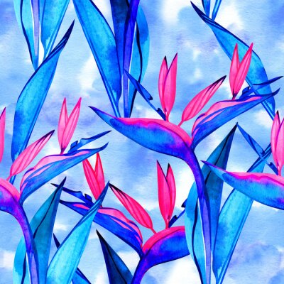 Papier peint  Watercolor strelitzia seamless pattern. Seamless pattern with tropical jungle strelitzia flowers. Watercolor pattern background with flowers of strelitzia.