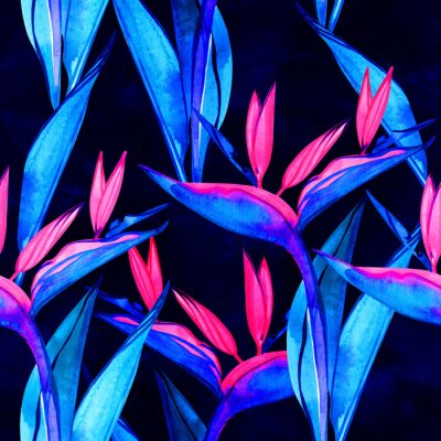 Papier peint  Watercolor strelitzia seamless pattern. Seamless pattern with tropical jungle strelitzia flowers. Watercolor pattern background with flowers of strelitzia.