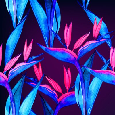 Papier peint  Watercolor strelitzia seamless pattern. Seamless pattern with tropical jungle strelitzia flowers. Watercolor pattern background with flowers of strelitzia.