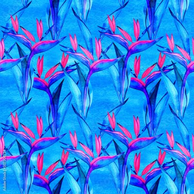 Papier peint  Watercolor strelitzia seamless pattern. Seamless pattern with tropical jungle strelitzia flowers. Watercolor pattern background with flowers of strelitzia.