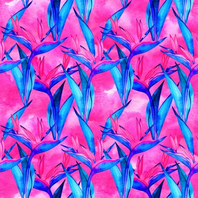 Papier peint  Watercolor strelitzia seamless pattern. Seamless pattern with tropical jungle strelitzia flowers. Watercolor pattern background with flowers of strelitzia.