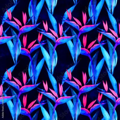 Papier peint  Watercolor strelitzia seamless pattern. Seamless pattern with tropical jungle strelitzia flowers. Watercolor pattern background with flowers of strelitzia.