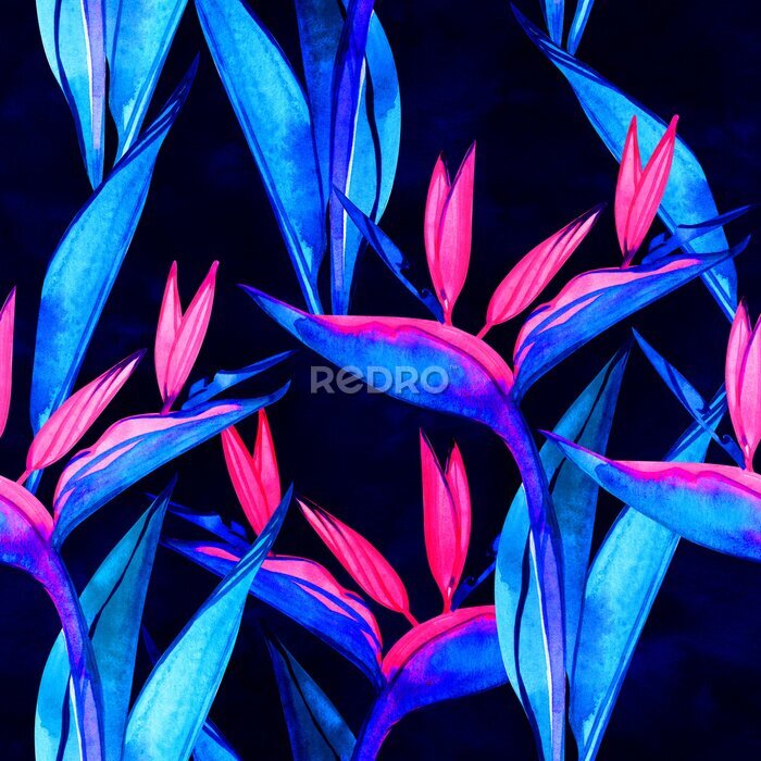 Papier peint  Watercolor strelitzia seamless pattern. Seamless pattern with tropical jungle strelitzia flowers. Watercolor pattern background with flowers of strelitzia.