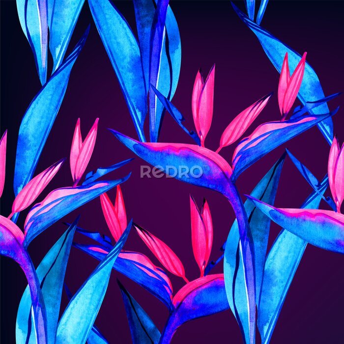Papier peint  Watercolor strelitzia seamless pattern. Seamless pattern with tropical jungle strelitzia flowers. Watercolor pattern background with flowers of strelitzia.