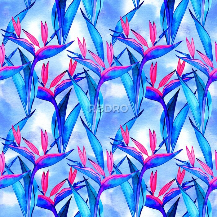Papier peint  Watercolor strelitzia seamless pattern. Seamless pattern with tropical jungle strelitzia flowers. Watercolor pattern background with flowers of strelitzia.
