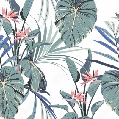 Papier peint  Watercolor style pink strelitzia flowers and blue palm leaves seamless pattern. Decorative background in rustic boohoo style for wedding invite, fabric.	