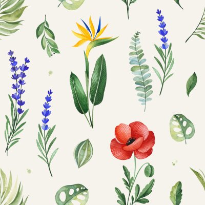 Papier peint  Watercolor Summer collection with tropical leaves,strelitzia,poppy,lavander,branches. Seamless background of flowers.Perfect for wallpapers,print,cover design,invitations,textile,papers
