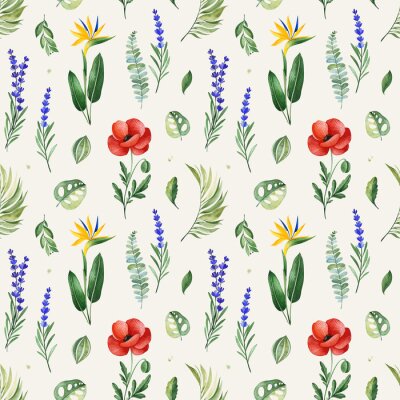 Papier peint  Watercolor Summer collection with tropical leaves,strelitzia,poppy,lavender,branches. Seamless background of flowers.Perfect for wallpapers,print,cover design,invitations,textile,papers