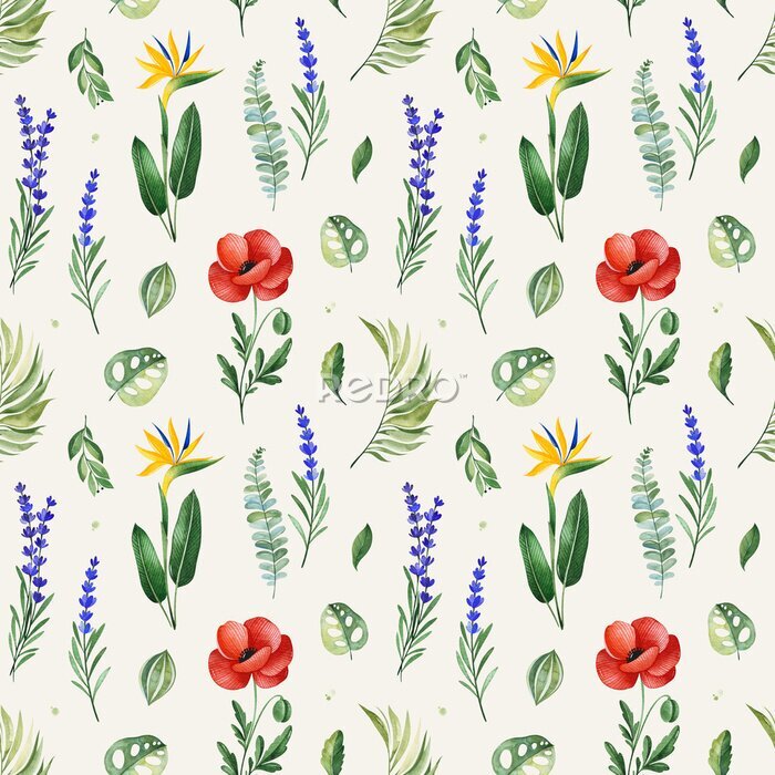 Papier peint  Watercolor Summer collection with tropical leaves,strelitzia,poppy,lavender,branches. Seamless background of flowers.Perfect for wallpapers,print,cover design,invitations,textile,papers