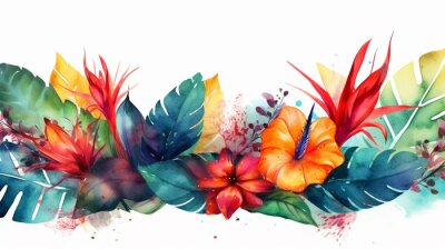 Papier peint  Watercolor tropical background with strelitzia flowers banner painted illustration generative ai
